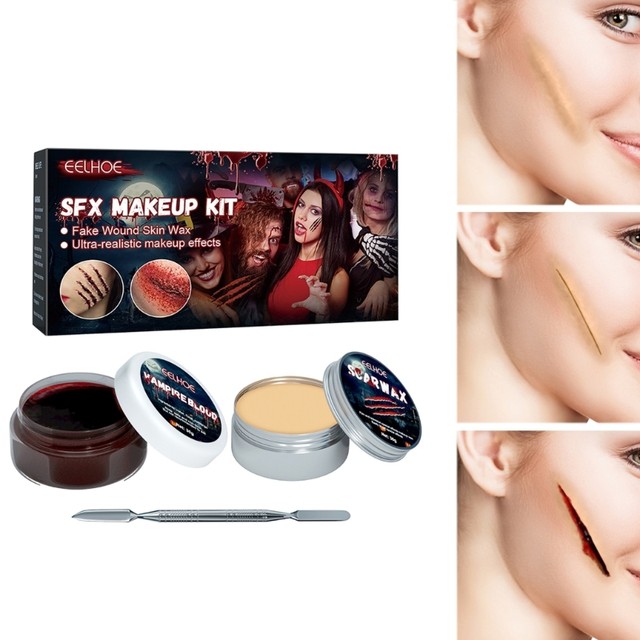RXJC Horrible Atmosphere SFX Makeup Kit,Halloween Fake-Blood,Wound Modeling  Wax Scars Wax with Spatula